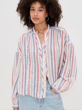 We The Free Striped Button-Down Shirt in Blue, Red & White Size Small